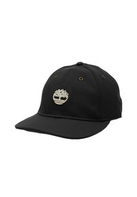 Cappellino da baseball nero in cotone con visiera curvata. Presenta un logo di albero color crema ricamato sul davanti e occhielli in metallo.