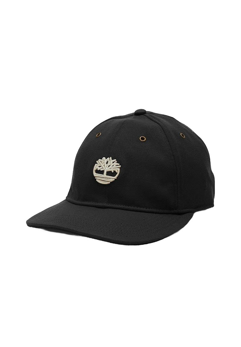 Cappellino da baseball nero in cotone con visiera curvata. Presenta un logo di albero color crema ricamato sul davanti e occhielli in metallo.