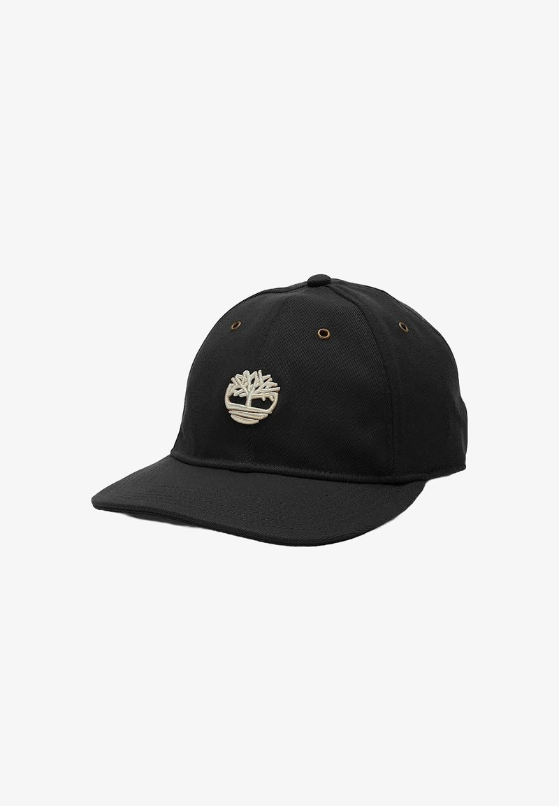 Cappellino da baseball nero in cotone con visiera curvata. Presenta un logo di albero color crema ricamato sul davanti e occhielli in metallo.