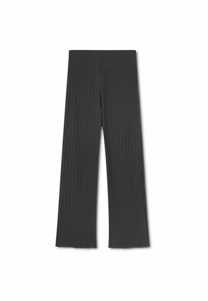 Pantaloni evazați din tricot nervurat gri, cu talie înaltă, având dungi verticale și o textură moale, concepuți pentru o siluetă ajustată.