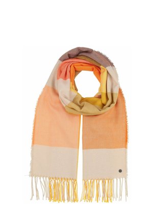 Multicolored scarf in soft fabric with stripes in peach, orange, yellow, and cream. Finished edges with fringe detail. Small logo accent.