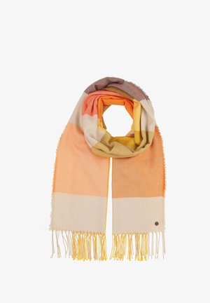 Multicolored scarf in soft fabric with stripes in peach, orange, yellow, and cream. Finished edges with fringe detail. Small logo accent.