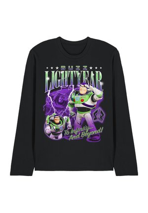 Schwarzes Langarmshirt mit Buzz Lightyear im grünen und lilafarbenen Raumanzug, Blitz-Hintergrund und dem Text "Buzz Lightyear To Infinity And Beyond!"