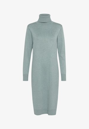 Svetlo teal pulover obleka iz mehkega pletenega materiala. Ima dolge rokave ter rebraste manšete in rob, z elegantno silhueto.