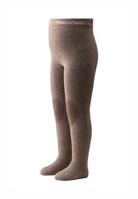 Brown knitted tights with textured knee patches and dotted non-slip soles. Soft, stretchy material with an elastic waistband.