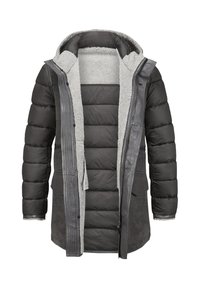 Schwarze gepolsterte Jacke mit grauem Fleece-Futter, abnehmbarer Kapuze, Lederakzenten, Druckknöpfen und zwei seitlichen Taschen.