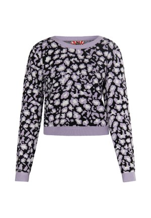 Kort pullovertrøje i sort med et lilac og hvidt abstrakt mønster. Strikstof med ribbede kanter ved halsen og ærmerne.