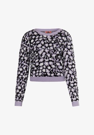 Mustese lühikeste varrukatega sviitr, millel on lilleline ja valge abstraktne muster. Kudumkangas ribatud kaeluse ja mansettidega.