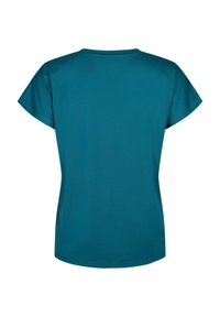 Teal kortærmet t-shirt med rund halsudskæring, glat tekstur og en let løs pasform. Simpelt design uden synlige logoer eller mønstre.
