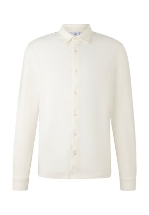 Long-sleeve shirt in off-white fabric, featuring a button-up front, classic collar, and cuffs with button detail. Smooth texture, minimal design.