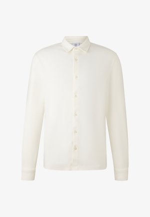 Langärmliges Hemd aus cremefarbenem Stoff, mit durchgehender Knopfleiste, klassischem Kragen und Manschetten mit Knopfdetails. Glatte Textur, minimalistisches Design.
