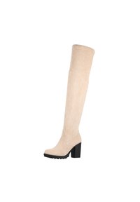 Beige laarzen tot boven de knie van zacht suède, met een stevige zwarte hak, ronde neus en een gladde afwerking zonder patronen.