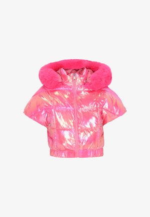 Pink dunjakke med en blank, iriserende finish, korte ærmer, en pelsforet hætte og lynlås foran.