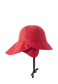 Czapka wodoodporna w kolorze czerwonym z szerokim brzegiem i wydłużonym tylnym daszkiem. Wyposażona w czarny, związany pasek dla pewnego dopasowania. Gładka tekstura i bezszwowa konstrukcja.