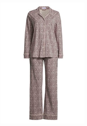 Langdurige pyjama set in bordeaux met een bloemenpatroon, contrasterende crème piping, knoopsluiting aan de voorkant en rechte broekspijpen.