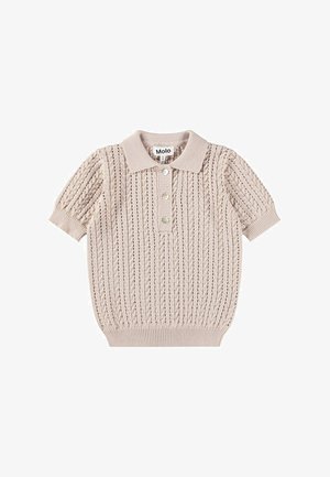 Gebreid polohemd met korte mouwen in beige, met een getextureerd patroon, een knoopsluiting met drie knopen en een geribde kraag en zoom.