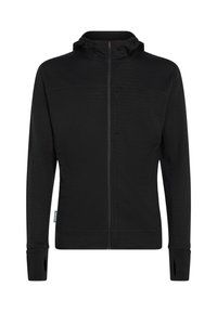 Sudadera con cremallera negra y cuello alto, con agujeros para los pulgares en las mangas largas y un bolsillo en el pecho con cremallera, presentada sobre un fondo blanco.