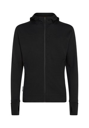 Zwarte zip-up hoodie met hoge kraag, duimgaten in de lange mouwen en een met rits sluitende borstzak, weergegeven op een witte achtergrond.