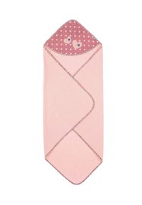 Light pink fabric pouch with a pink polka dot and heart-printed flap, edged with decorative stitching. Diamond shape with a smooth texture.