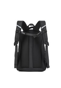 Zaino nero con schienale in rete imbottita e spallacci regolabili. Presenta dettagli riflettenti e un esterno in tessuto resistente. Design semplice e struttura pratica.