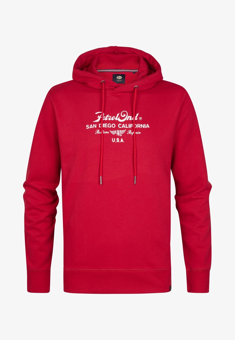 Sudadera roja con capucha con texto blanco "Petrol Only San Diego California Restore Repair U.S.A." en el pecho, cordones y puños y dobladillo acanalados.