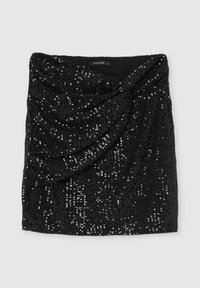 Mini gonna nera con texture di paillettes, caratterizzata da un design drappeggiato. Finitura in tessuto liscia con accenti luccicanti in tutto.