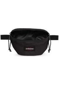 Schwarze Eastpak-Tasche mit einem Reißverschluss, strapazierfähigem Nylonmaterial, flacher Form, gewebtem Markenetikett und einem Webband-Zugtab an der Seite.
