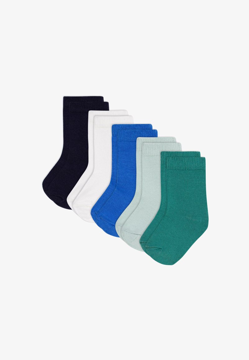 Six paires de chaussettes de sport dans les couleurs marine, blanc, bleu, vert clair et vert foncé, avec une texture côtelée et un design uni.