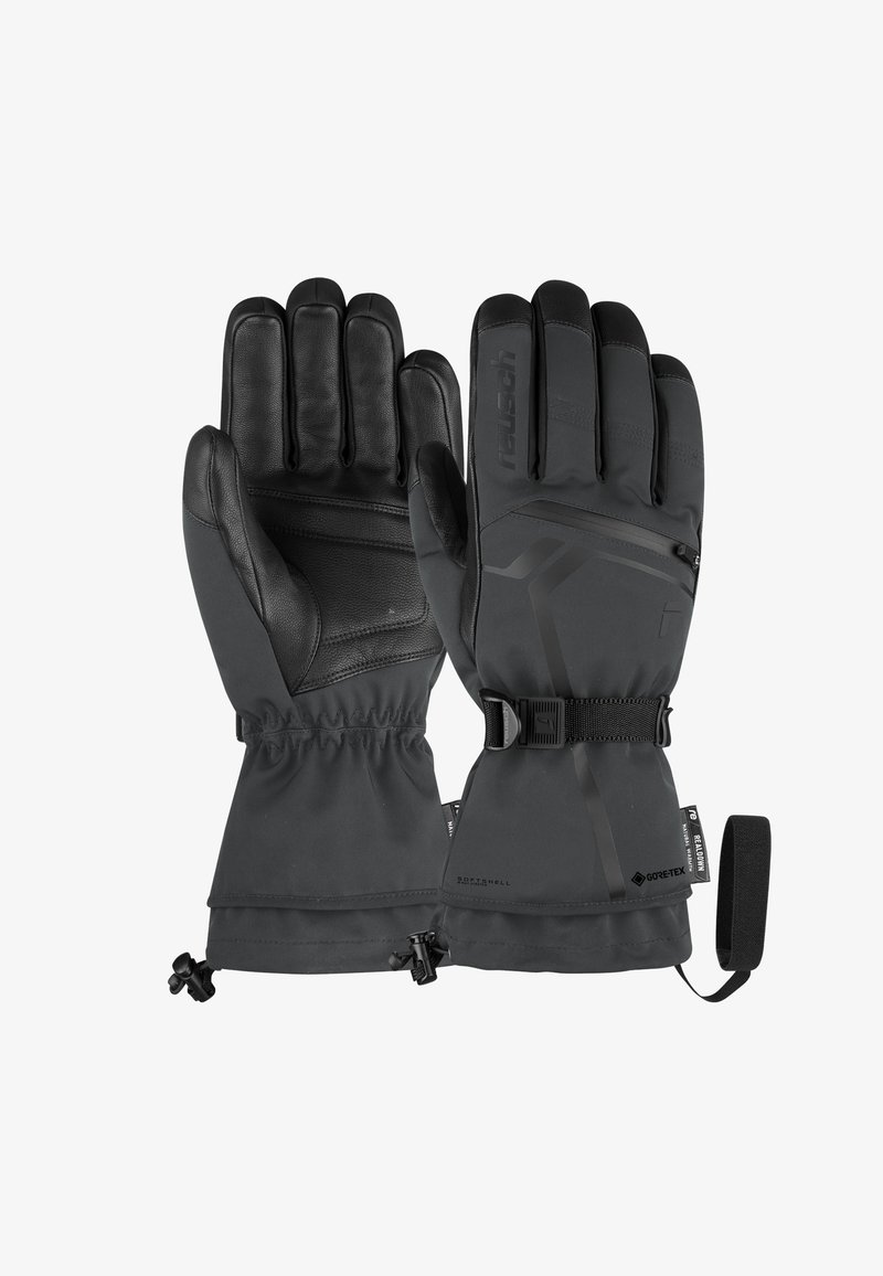 Svarta handskar med läderhandflata och textilöverdela, med justerbart handledsband och elastisk mudd för en säker passform.
