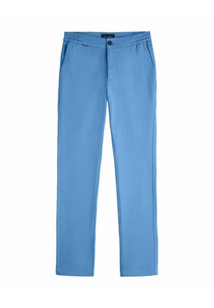 Pantalon bleu clair ajusté avec taille élastique, fermeture à bouton et poches latérales, posé à plat sur un fond blanc.