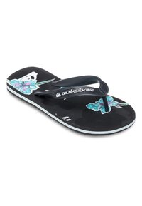 Svart flip-flop med texturerad sula, med en svart rem och blommönster i blått och rosa. Quiksilver-logotyp på remmen.
