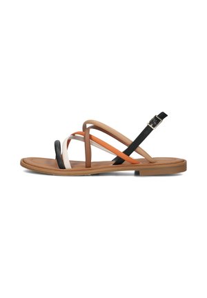 Plat leren sandalen met een bruine, zwarte en oranje kleurenschema. Beschikt over meerdere dunne banden en een gespsluiting bij de enkel. Vlakke rubberen zool.