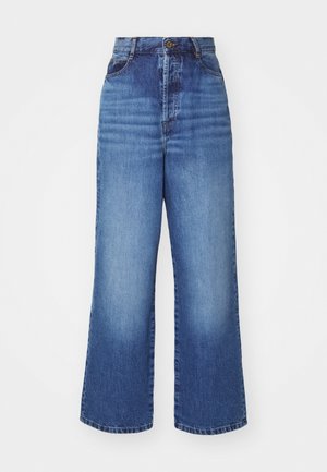 Wide-leg jeans made of light blue denim, featuring a high waist, classic button closure, and subtle fading along the front and back.