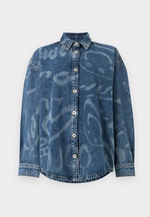 Džínová košile na knoflíky s dlouhými rukávy a jemným abstraktním vzorem odbarvení na látce.