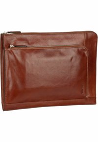 Brown leather laptop sleeve with a smooth texture, a top zip closure, and an external zip pocket. Features subtle branding.