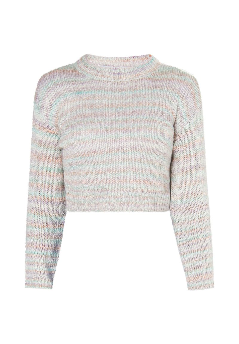 Pastellfarbener gestreifter Strickpullover mit langen Ärmeln und einem cropped Schnitt auf weißem Hintergrund.