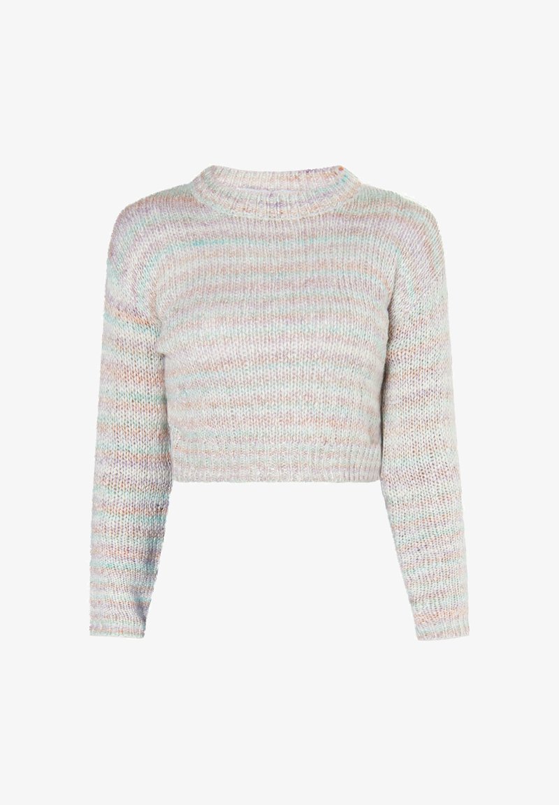 Maglione a strisce multicolori pastello con maniche lunghe e taglio corto su uno sfondo bianco.