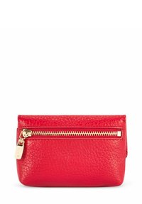 Czerwona skórzana saszetka o fakturowanej powierzchni, ze złotym suwakiem, prostokątnym kształcie i kompaktowej konstrukcji, ułatwiającej przechowywanie.