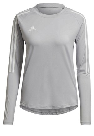 Lichtgrijze langemouwen sportshirt van gladde stof. Heeft drie witte strepen op elke mouw en een klein wit logo op de borst.