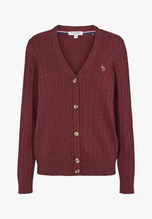 Maroon cable-knit cardigan featuring a V-neck, ribbed cuffs and hem, and five wooden buttons, with a small embroidered logo on the chest.