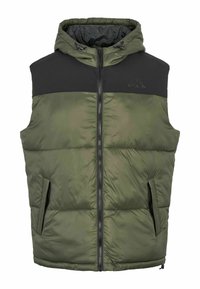 Veste sans manches matelassée verte et noire avec fermeture éclair à l'avant, deux poches zippées et une capuche ajustable avec cordons.