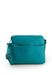 Teal læder crossover taske med en struktureret overflade, har en frontlomme og en justerbar rem, minimal branding foran.