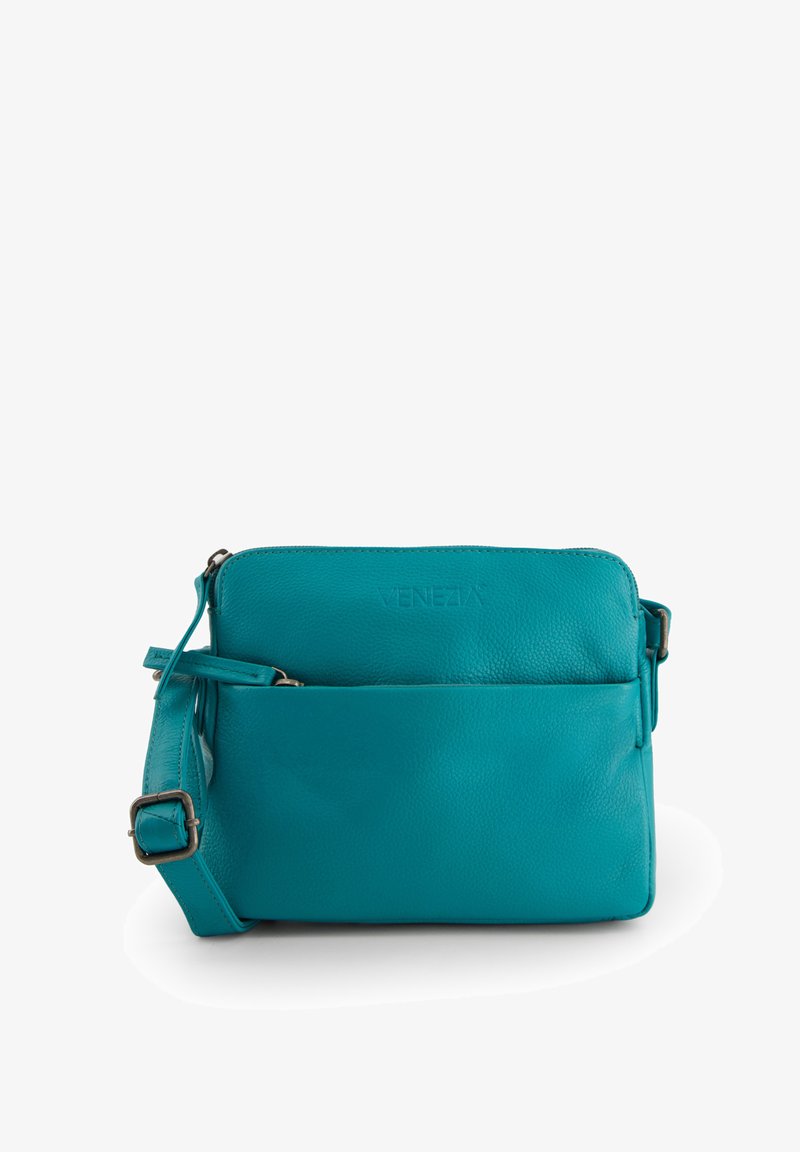 Teal leather crossbody bag with a textured finish, features a front pocket and an adjustable strap, minimal branding on the front.