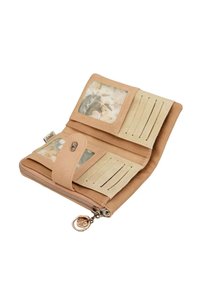 Portafoglio rosa chiaro con superficie strutturata, chiusura con zip, due slot per carte con finestre trasparenti e diversi porta carte in color crema.