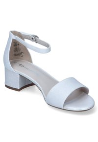 Women's open-toe block-heel sandals with a glittery white finish, featuring a wide front strap and an adjustable ankle strap.