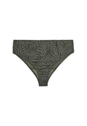 Bikini gaćice maslinasto zelene boje s čipkom i uzorkom listova, s bešavnim dizajnom i mekanim mrežastim unutarnjim slojem za udobnost. Izdržljiv elastični pojas.