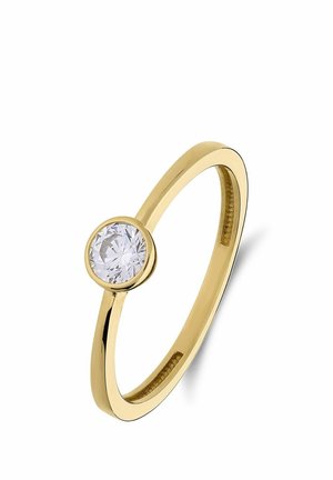 Gold ring with a single round clear gemstone set in a bezel setting on a smooth, polished band.