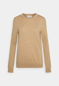Beige Langarmpullover mit Rundhalsausschnitt, gerippten Bündchen und Saum, auf einem weißen Hintergrund präsentiert.