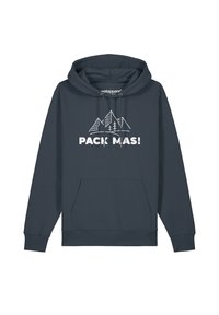 Dunkelgrauer Hoodie mit einer Vorderentasche. Mit weißen Grafiken von Bergen und Bäumen sowie dem Text "PACK MAS!" darunter. Mit Kordelzug an der Kapuze.