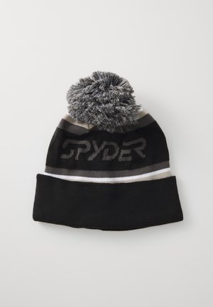 Berretto di maglia nera con strisce orizzontali grigie e crema, dotato di un pompon in cima e del logo "SPYDER" in lettere in rilievo.